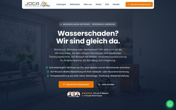 Website von JOCA Trocknung & Sanierung, erstellt von Blitzwebsite